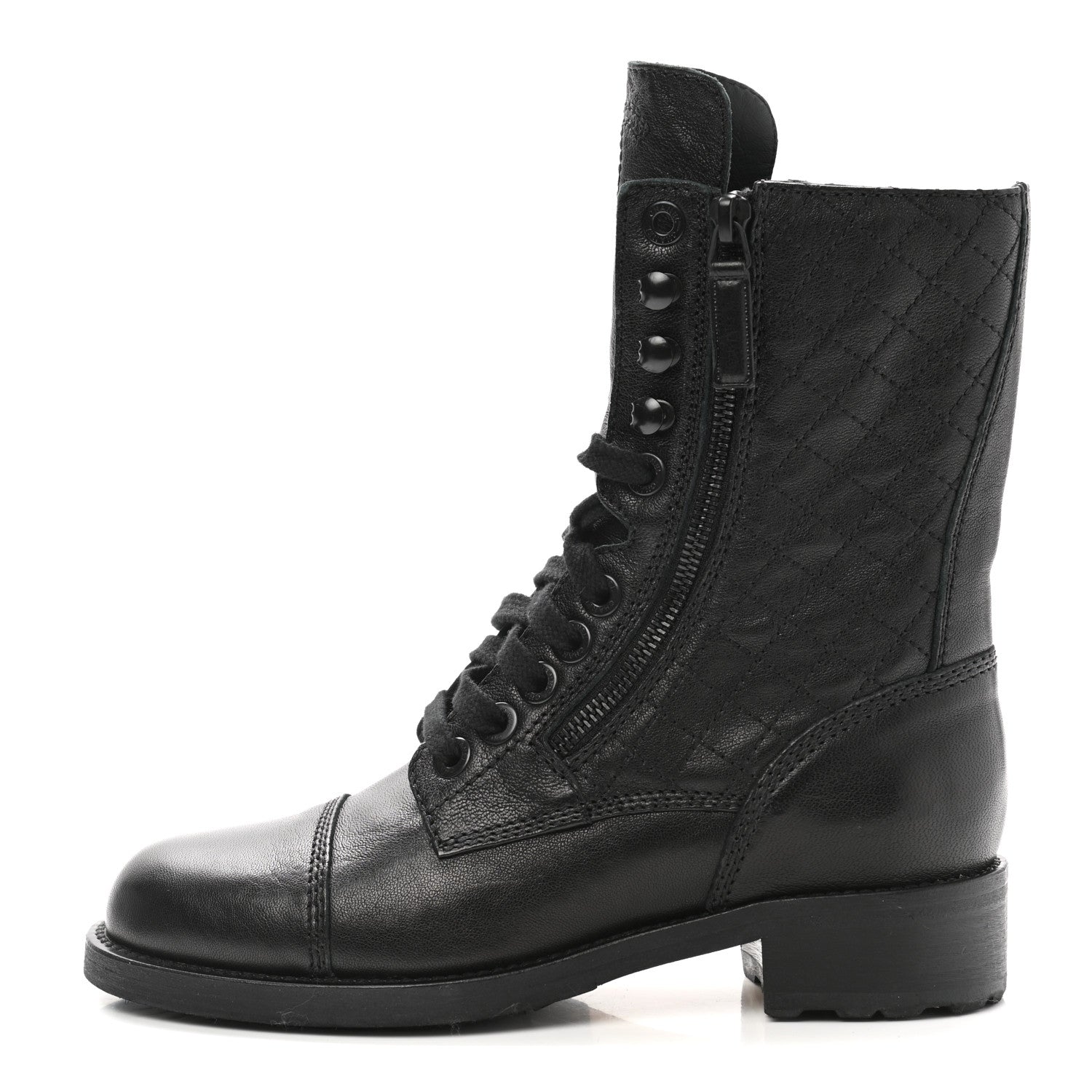 Chanel Calfskin Quilted Lace Up Combat Boots 37 Black 1 of 9