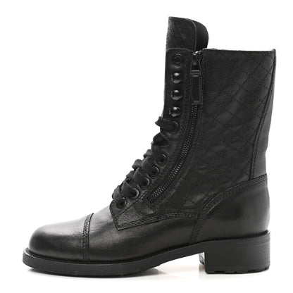 Chanel Calfskin Quilted Lace Up Combat Boots 37 Black 1 of 9