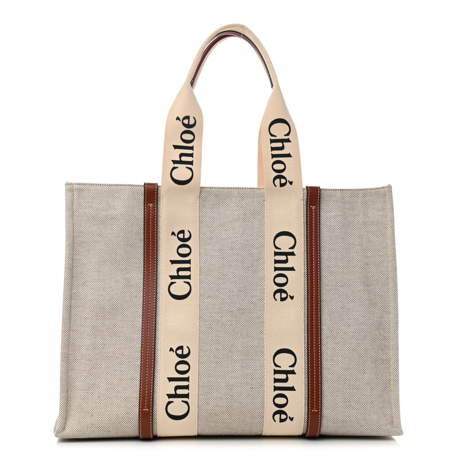 Chloe Cotton Calfskin Large Woody Ribbon Tote White Brown 1 of 9