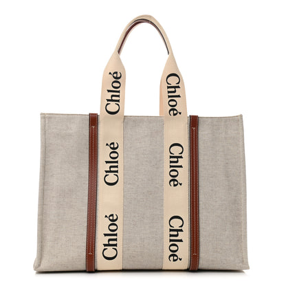 Chloe Cotton Calfskin Large Woody Ribbon Tote White Brown 1 of 9
