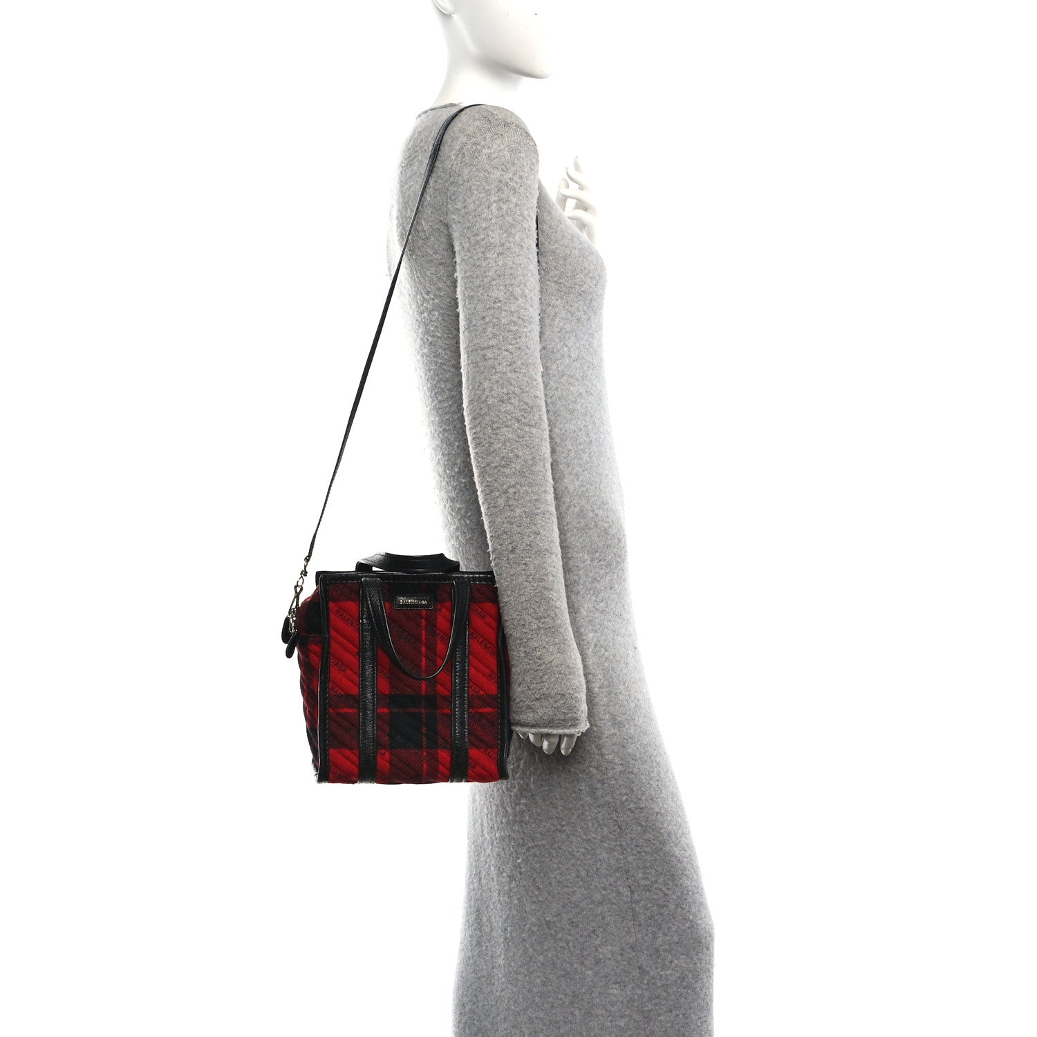 Balenciaga Wool Cuir Arena Plaid Diagonal Allover Logo Matelasse XS Bazar Shopper Tote Red Black 2 of 11
