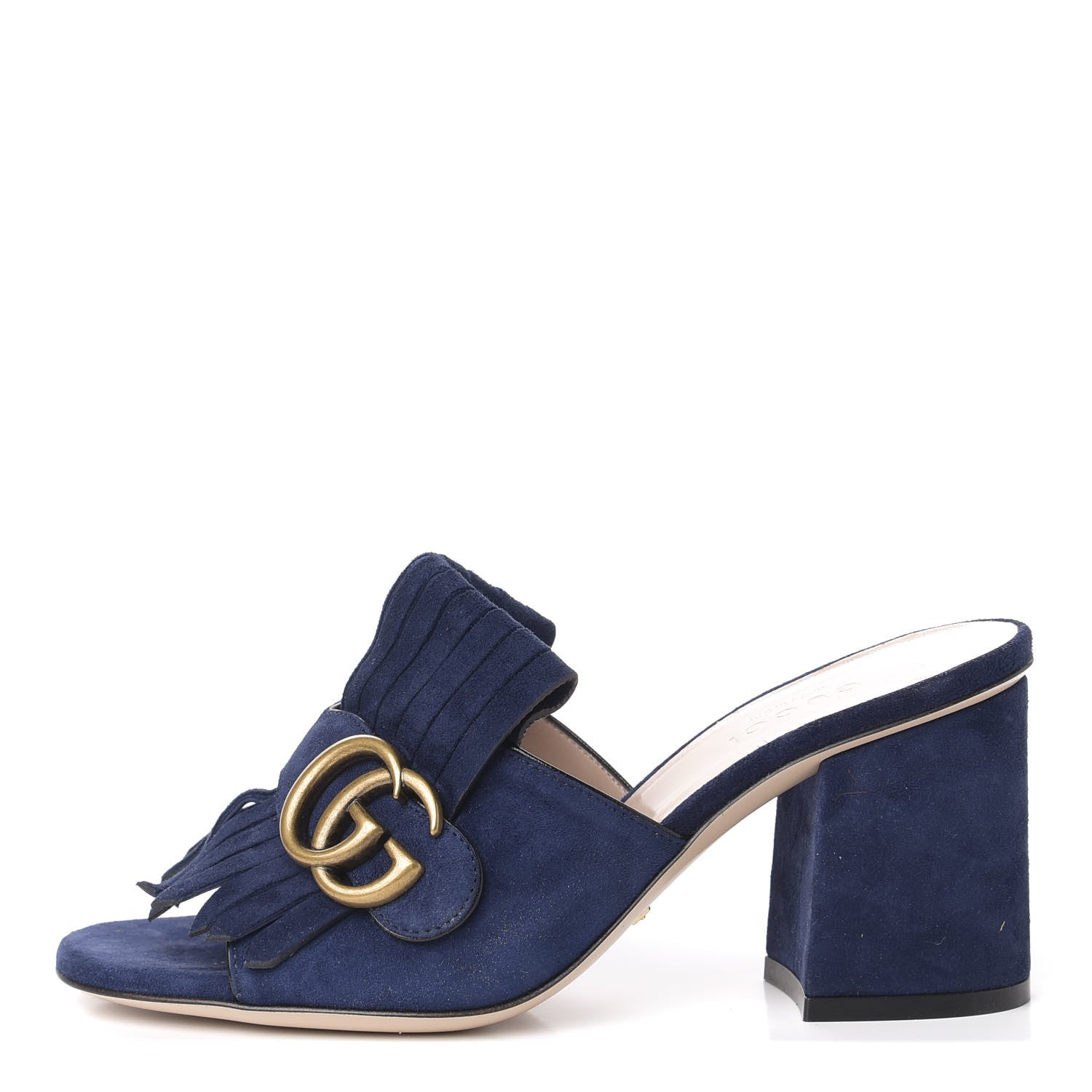 Gucci Kid Scamosciato GG Marmont Fringe 75mm Slide Sandals 35 Blue Ink 1 of 9