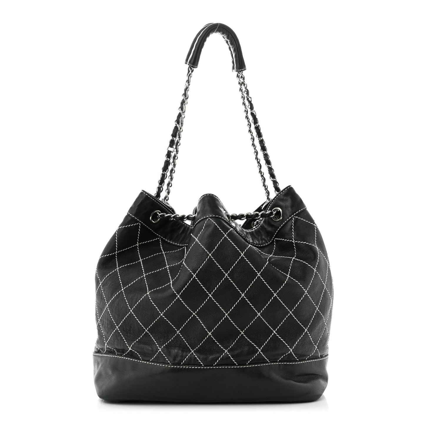 Lambskin Contrast Stitch Large Drawstring Tote Black