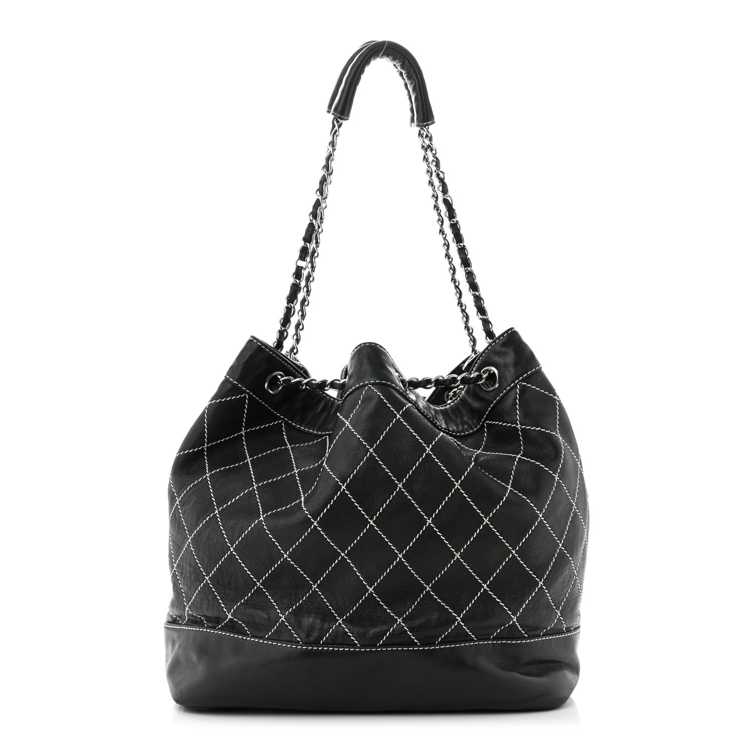 Chanel Lambskin Contrast Stitch Large Drawstring Tote Black 1 of 11