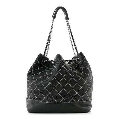 Chanel Lambskin Contrast Stitch Large Drawstring Tote Black 1 of 11