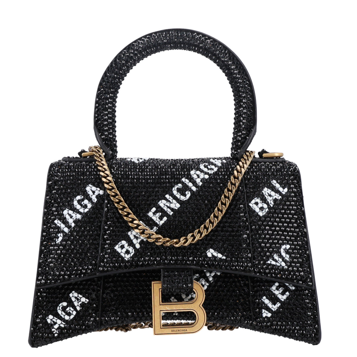 Balenciaga Strass Suede Allover Logo Hourglass Top Handle Bag XS with Chain Black White 1 of 10