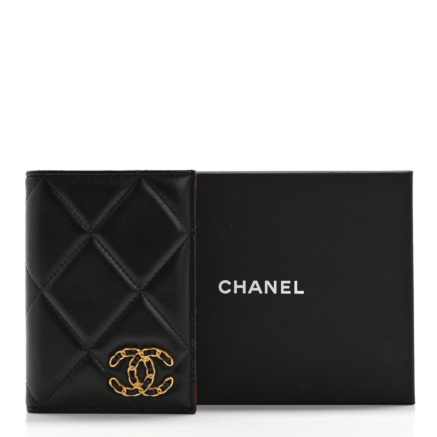 Lambskin Quilted Chanel 19 Passport Holder Black