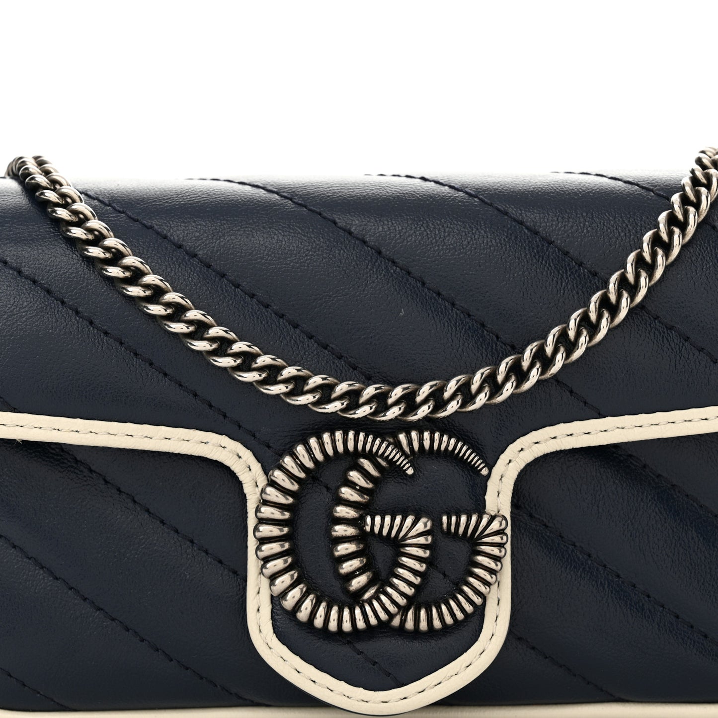 Vintage Effect Calfskin Matelasse Diagonal Super Mini Torchon GG Marmont Shoulder Bag Blue Agata Mystic White