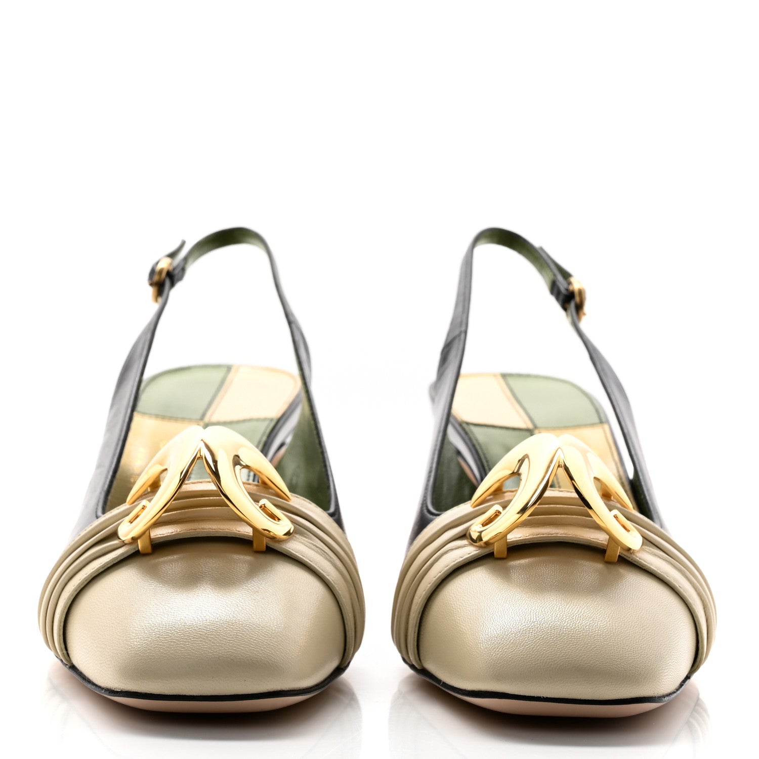 Gucci Malaga Kid Half Moon GG Square Toe Slingback Pumps 37.5 Black Vintage White 2 of 10