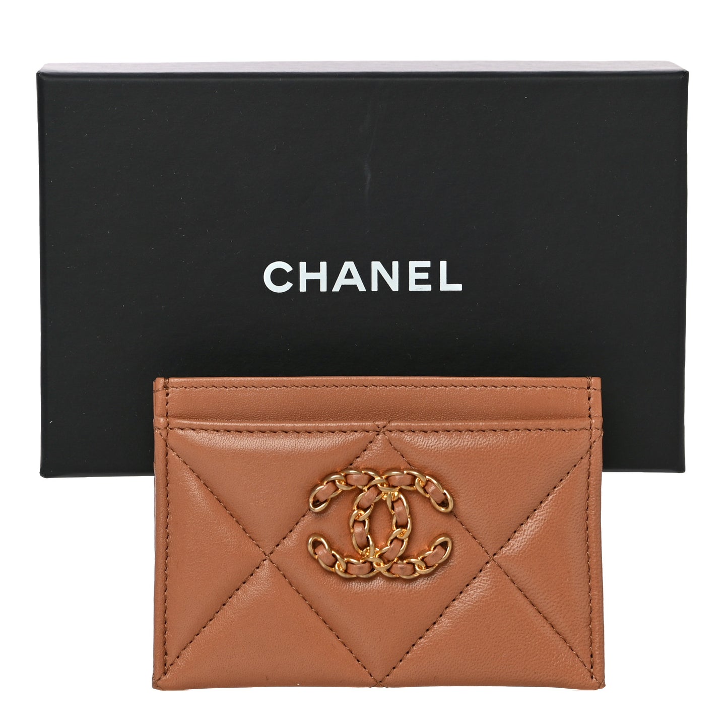 Lambskin Quilted Chanel 19 Card Holder Brown