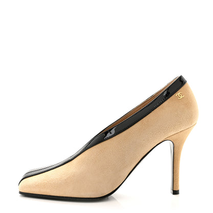 Chanel Suede Patent Calfskin Pumps 38.5 Beige Black 1 of 10
