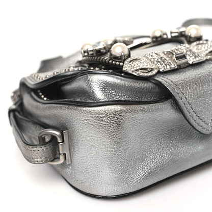 Miu Miu Goatskin Madras Soft Calfskin Crystal Embellished Dahlia Shoulder Bag Chrome 9 of 13