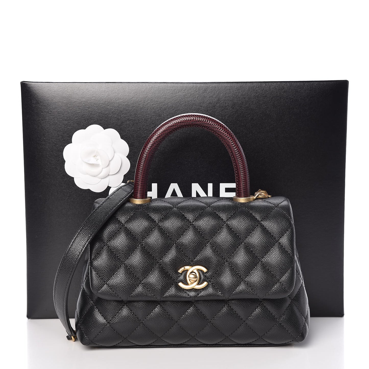 Caviar Lizard Embossed Quilted Mini Coco Handle Flap Black