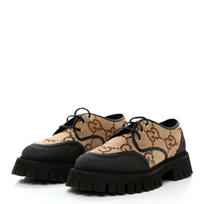 Gucci Monogram Jumbo GG Miro Soft Calfskin Mens Lug Sole Derby Loafers 8.5 Camel Ebony Black 3 of 9