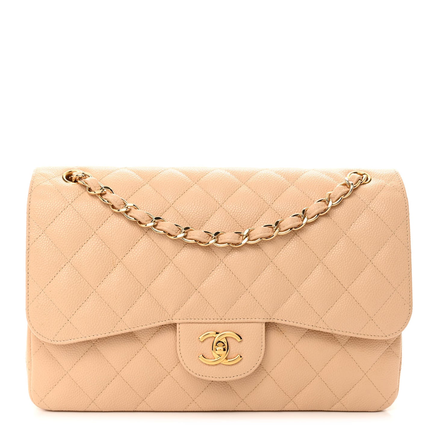 Caviar Quilted Jumbo Double Flap Beige