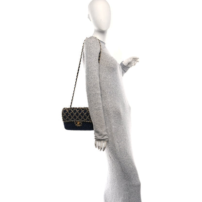 Chanel Tweed Sequin Timeless Classic Chained Double Flap Navy Blue 2 of 10