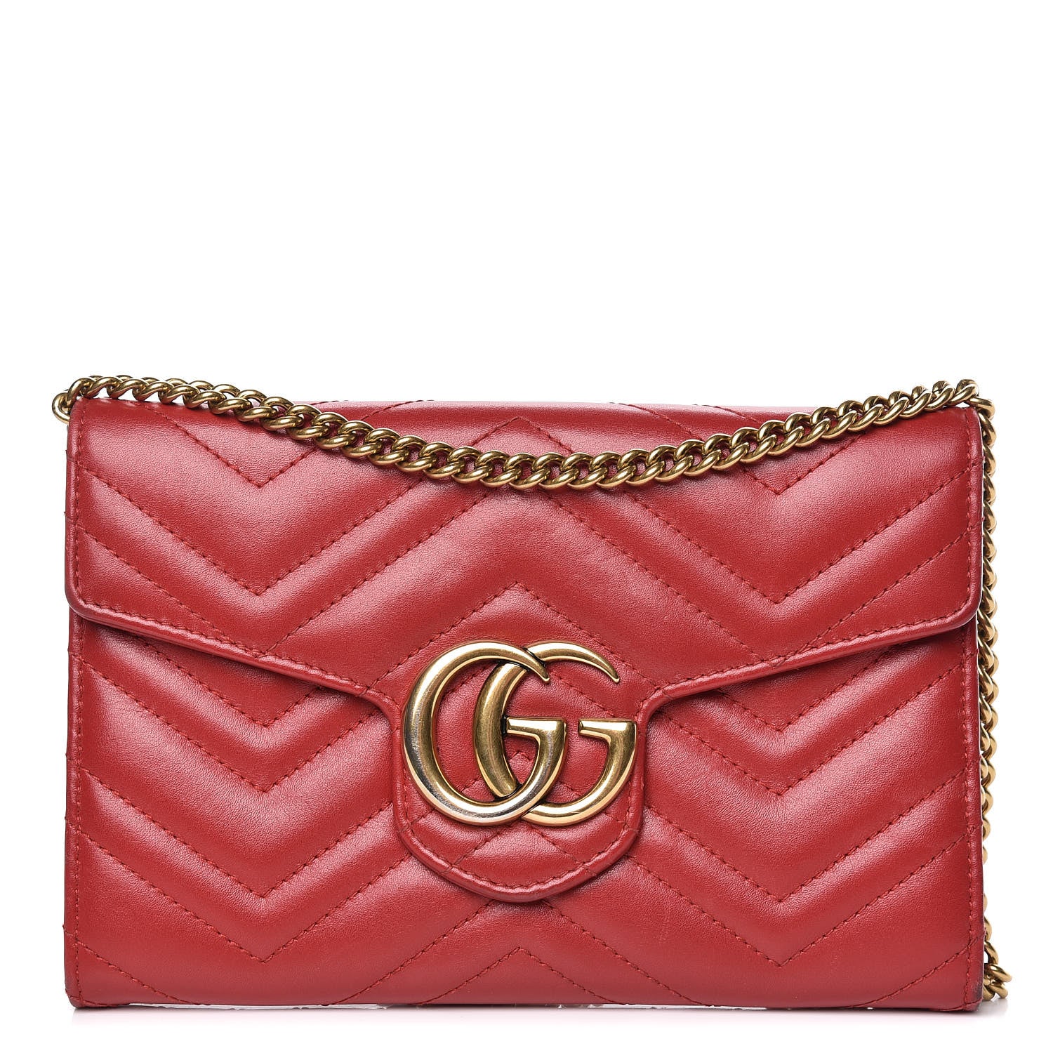 Gucci Calfskin Matelasse Mini GG Marmont Chain Wallet Hibiscus Red 1 of 17