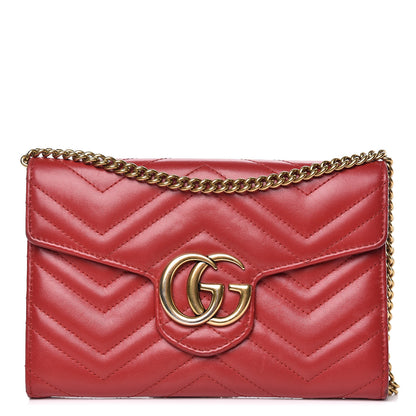 Gucci Calfskin Matelasse Mini GG Marmont Chain Wallet Hibiscus Red 1 of 17