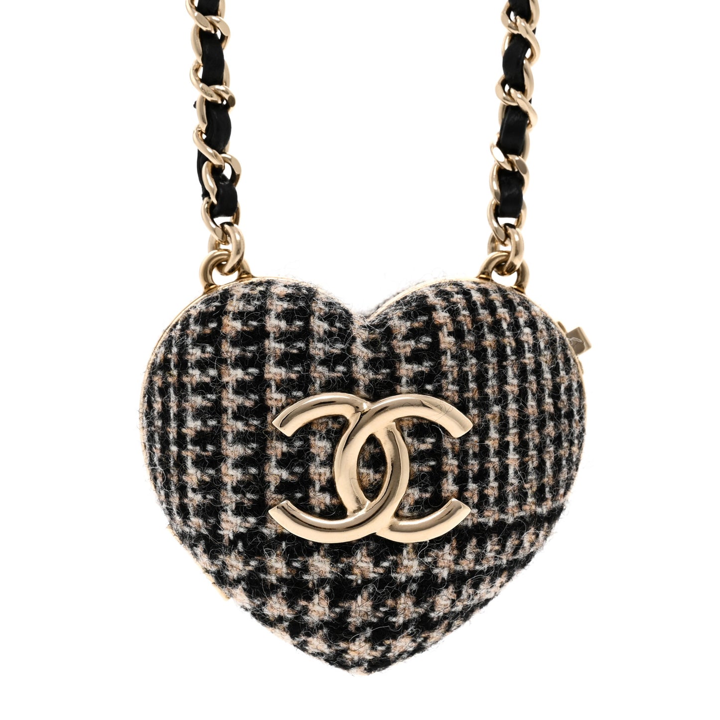 Tweed Lambskin CC Heart Locket Necklace Gold Black Beige