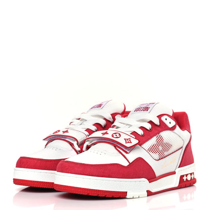 Louis Vuitton Calfskin Embossed Monogram Denim Mens LV Trainer Sneakers 9 Red 3 of 9
