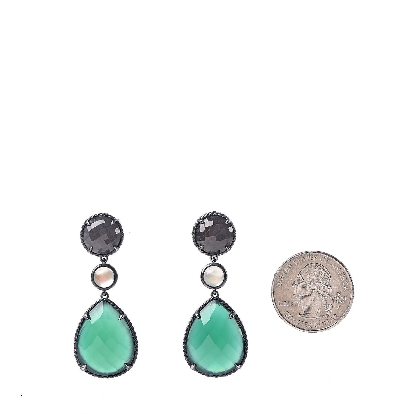Sterling Silver Grey Sapphire Green Onyx Moonstone Chatelaine Triple Drop Earrings