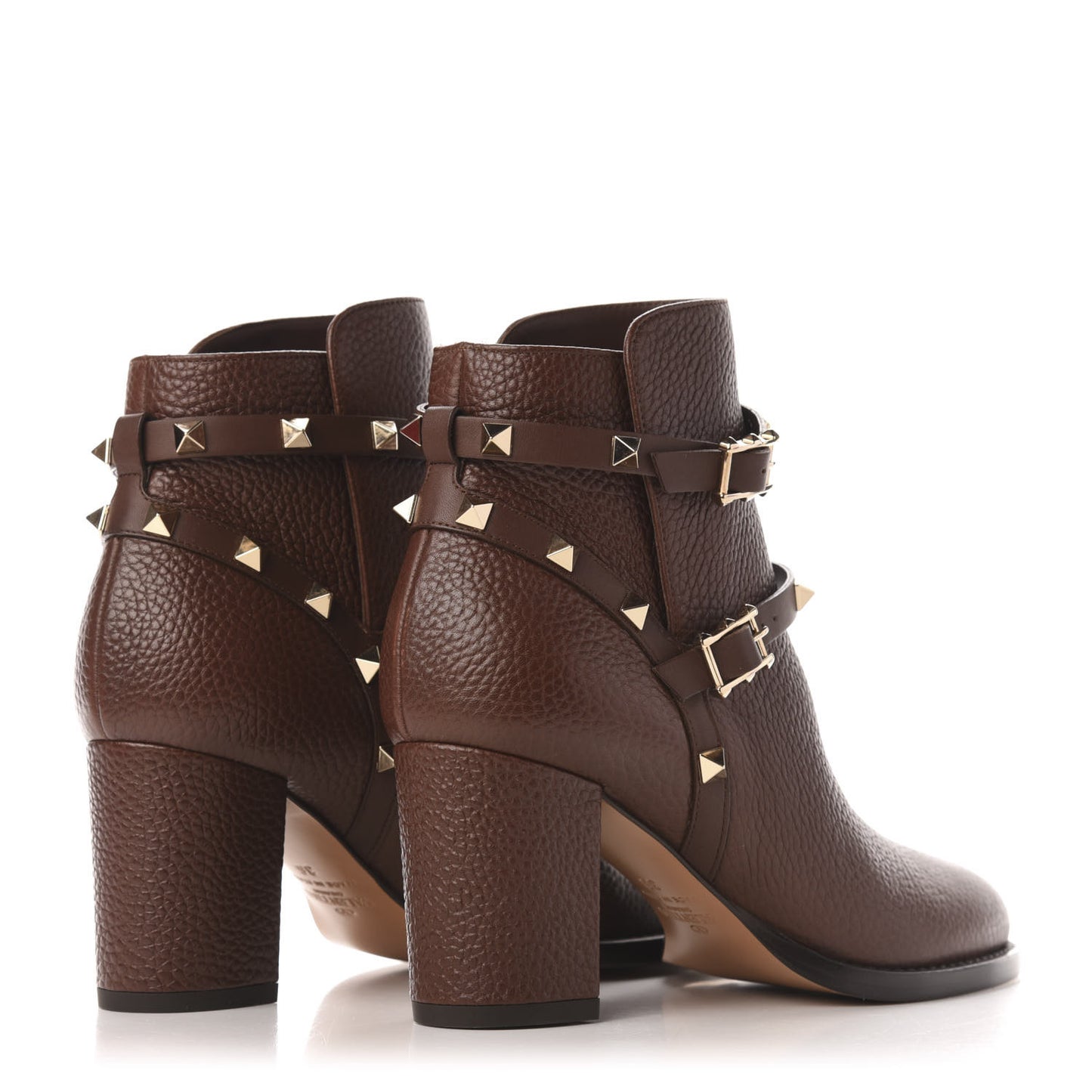 Pebbled Calfskin Rockstud Double Buckle 70mm Block Heel Ankle Boots 36 Light Brown