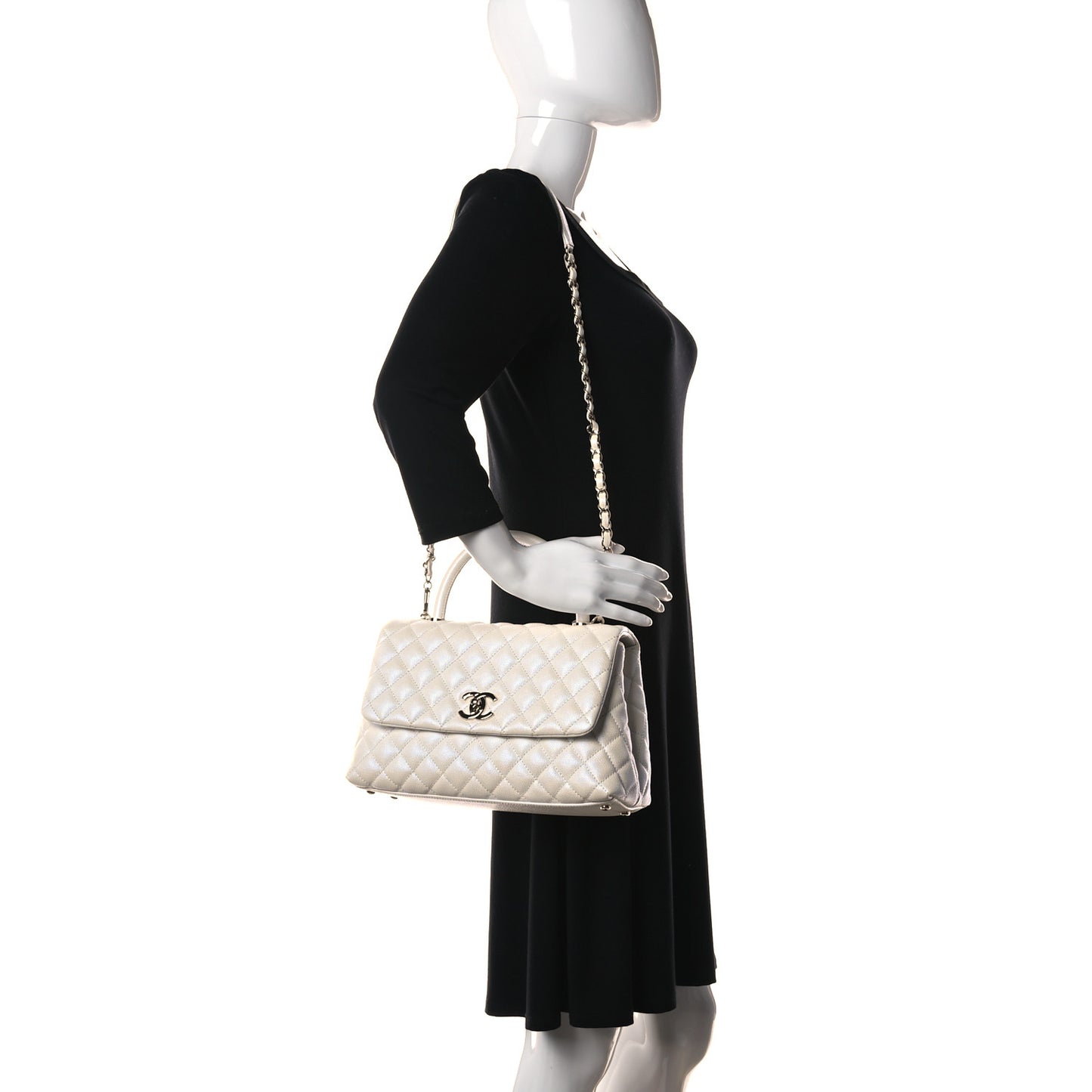 Iridescent Caviar Quilted Small Coco Handle Flap White