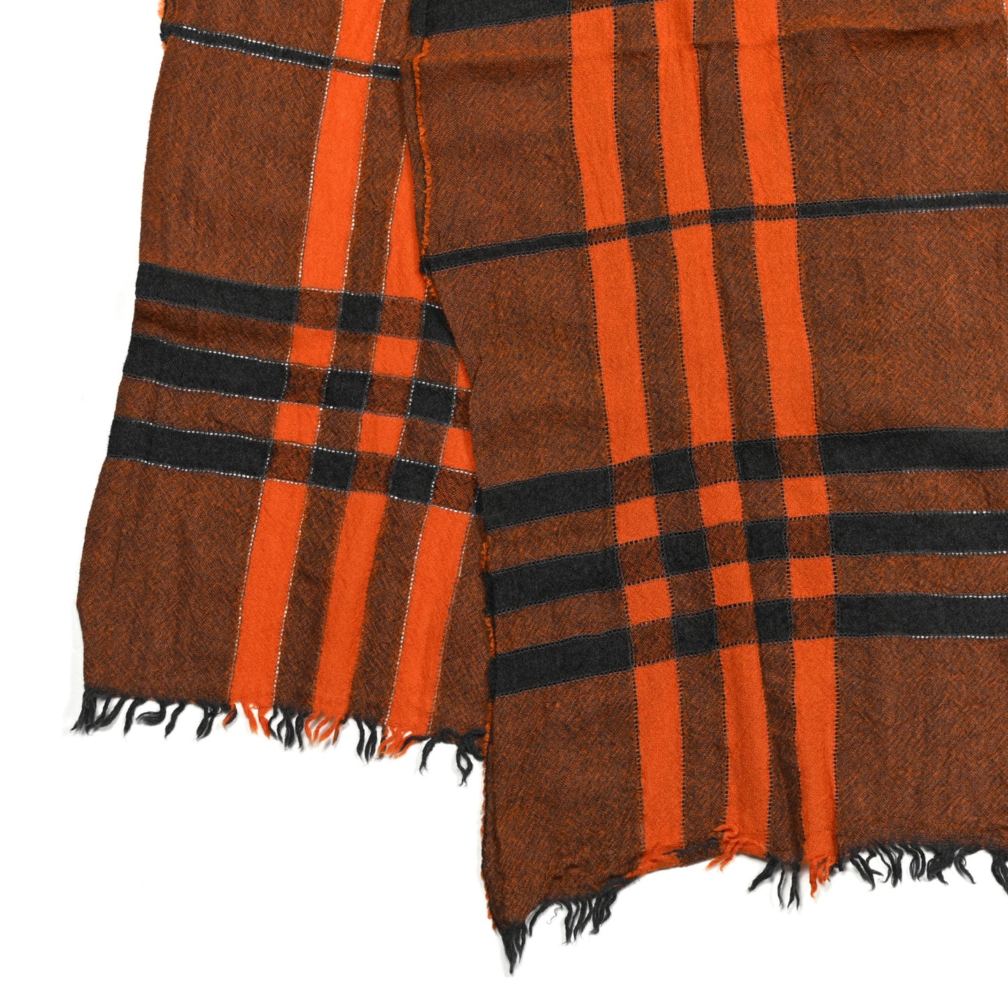 Wool Cashmere Check Fringe Scarf Orange Black