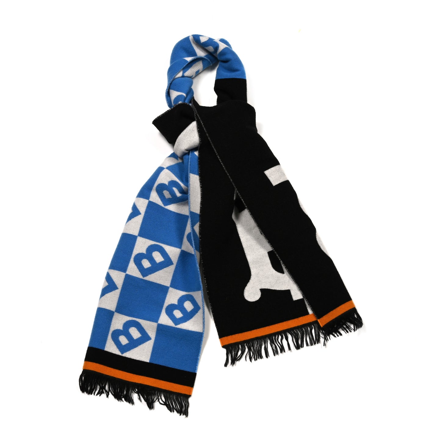 Wool Silk Monogram TB Reversible Fringe Scarf Azure Blue