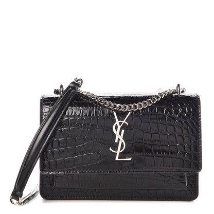 Saint Laurent Calfskin Crocodile Embossed Monogram Sunset Chain Wallet Black 1 of 11