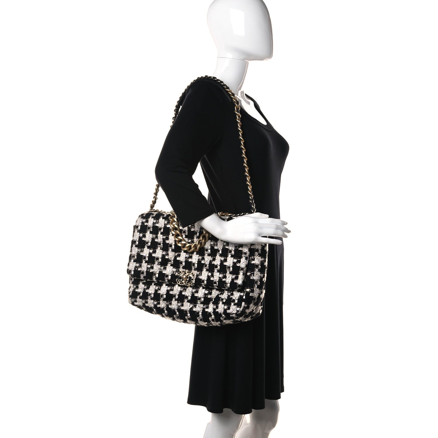 Chanel Tweed Quilted Maxi Chanel 19 Flap Black Ecru White 2 of 11