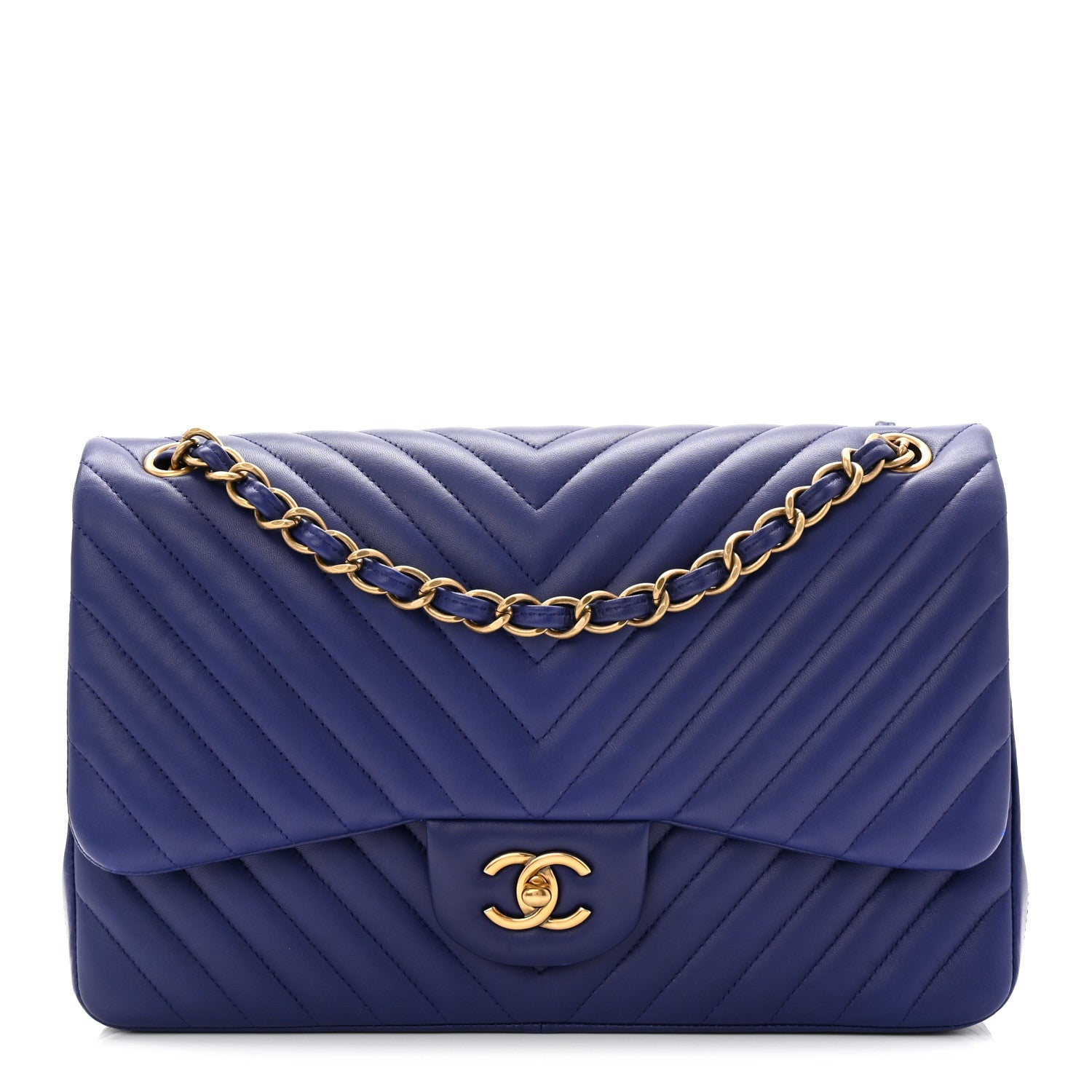 Chanel Lambskin Chevron Quilted Jumbo Double Flap Navy Blue 1 of 11