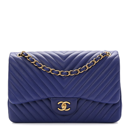 Chanel Lambskin Chevron Quilted Jumbo Double Flap Navy Blue 1 of 11