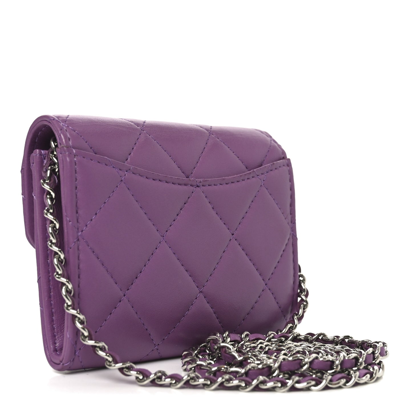 Lambskin Quilted Flap Card Holder On Chain Violet Purple