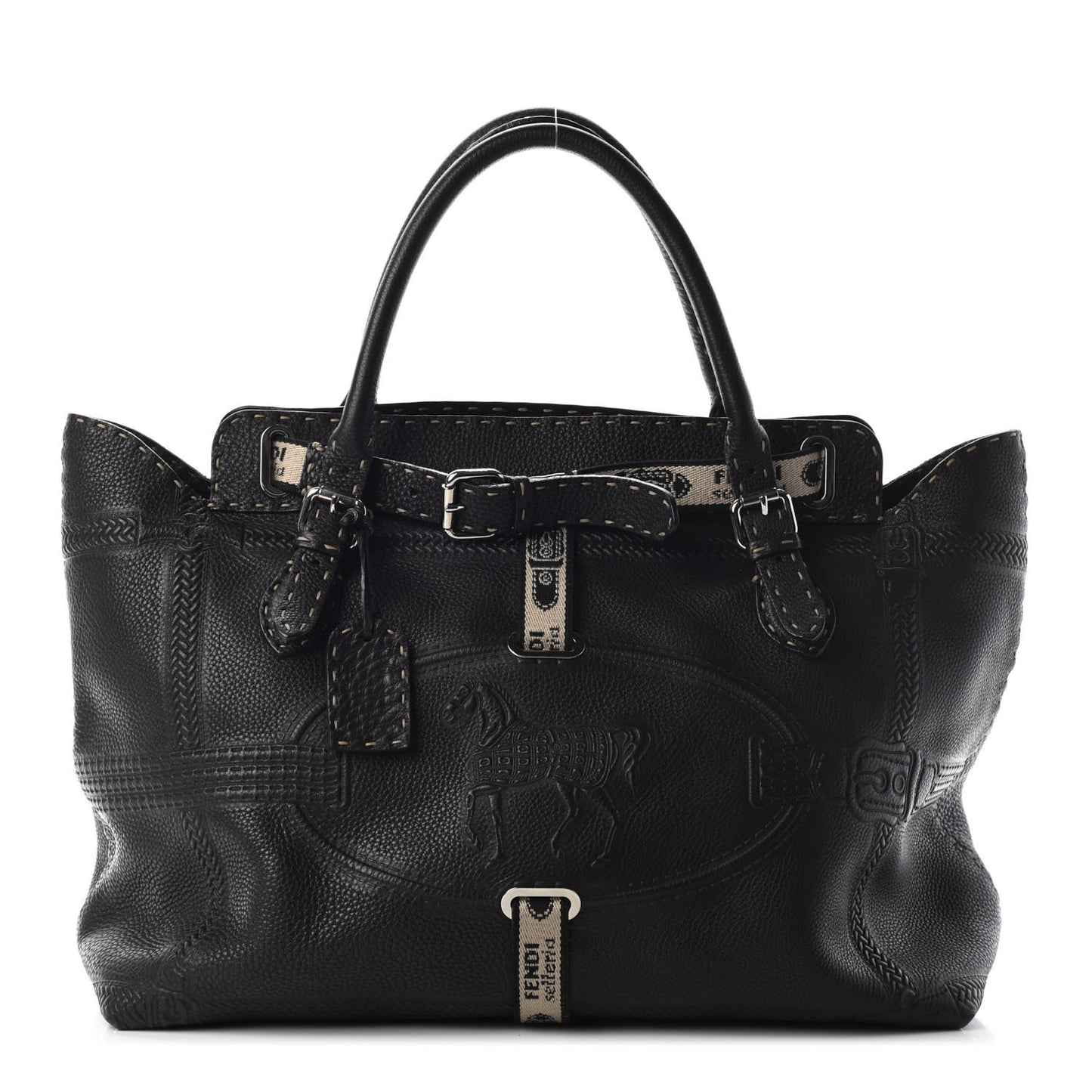 Metallic Calfskin Romano Selleria Large Villa Borghese Tote Black