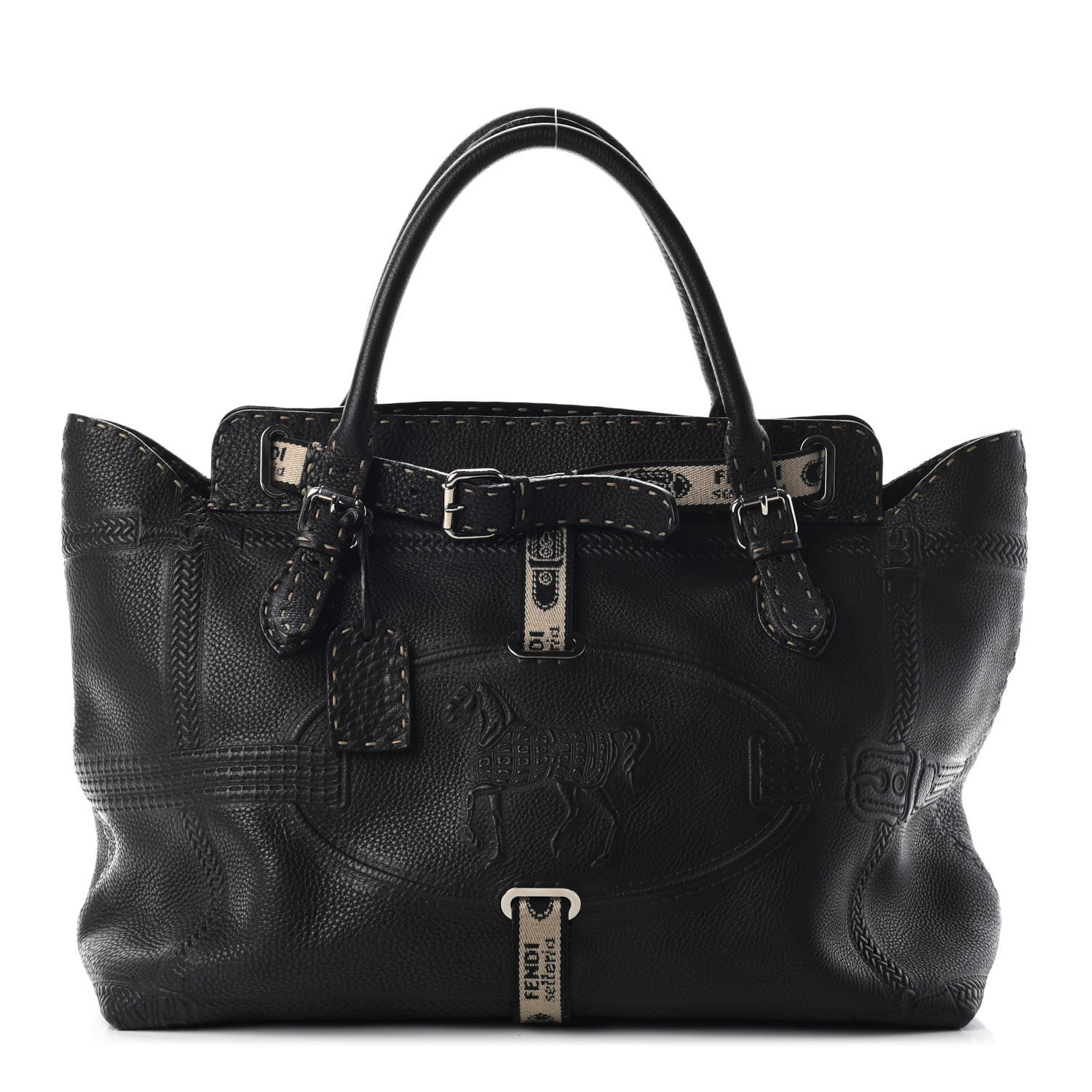 Fendi Metallic Calfskin Romano Selleria Large Villa Borghese Tote Black 1 of 8