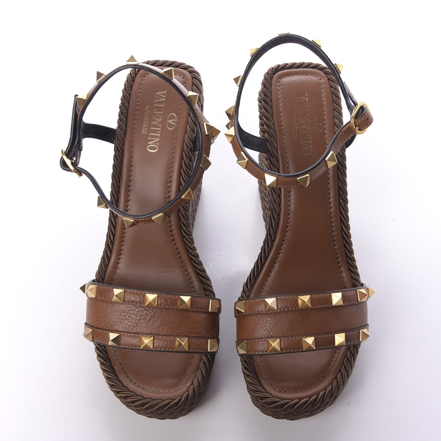 Calfskin Rockstud Torchon Espadrille 25/115mm Wedge Sandals 38 Cuoio