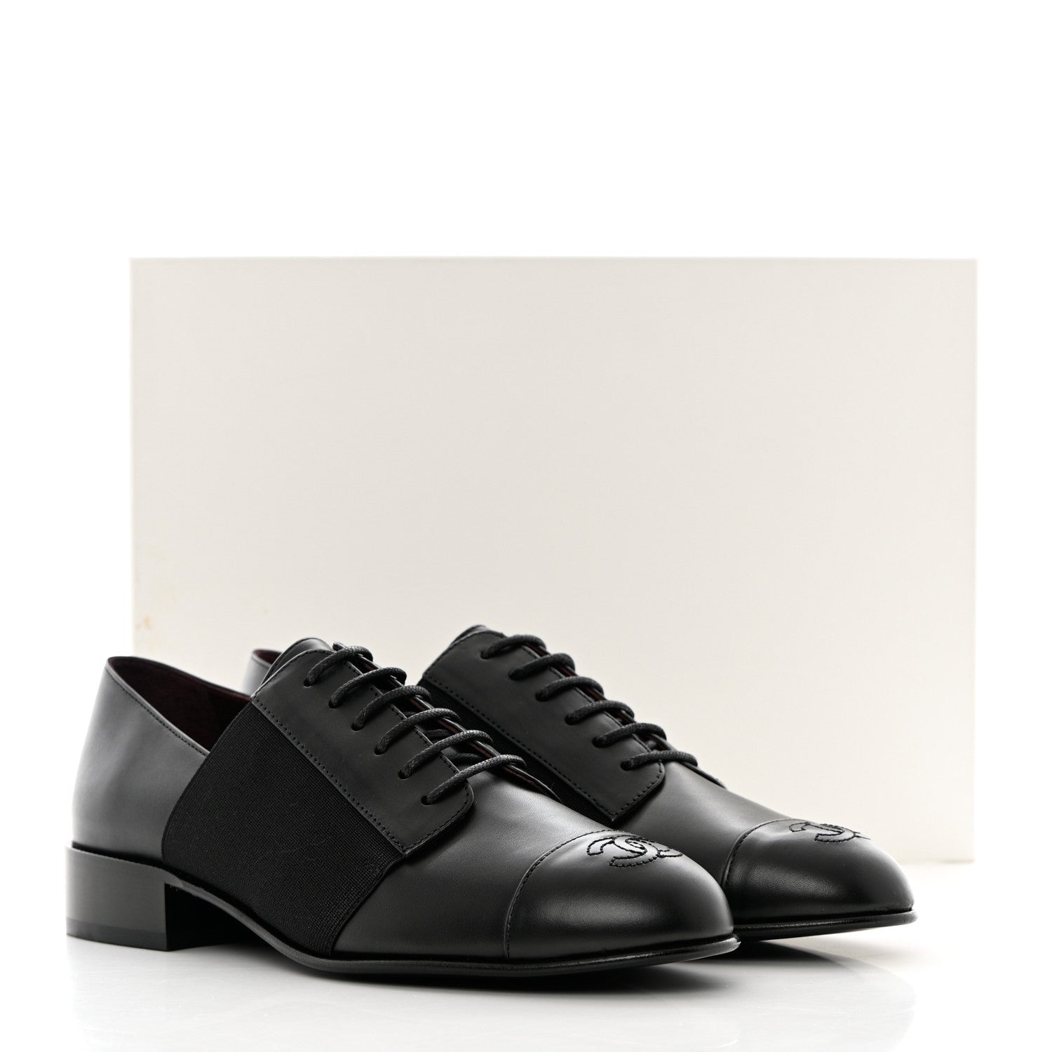 Chanel Calfskin Elastic Lace Up Cap Toe CC Loafers 36 Black 9 of 9