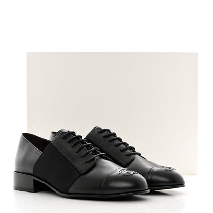 Chanel Calfskin Elastic Lace Up Cap Toe CC Loafers 36 Black 9 of 9