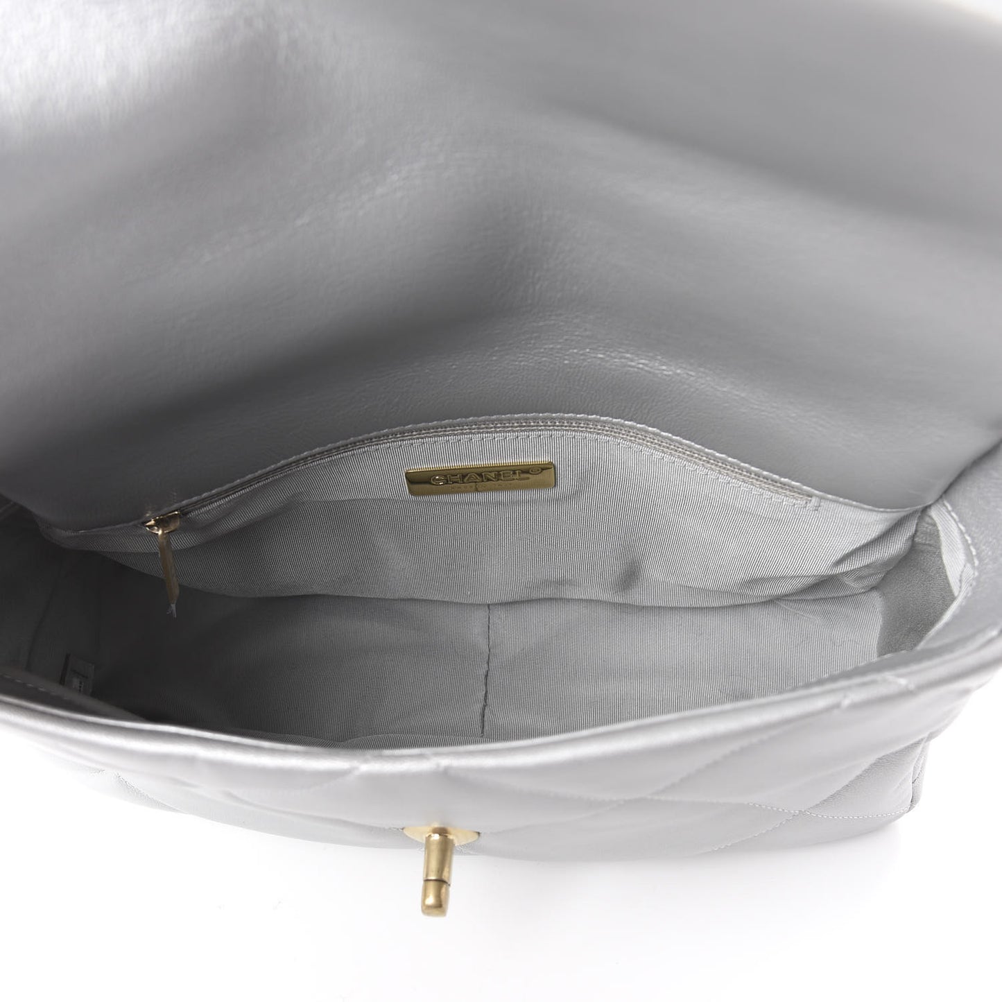 Metallic Goatskin Quilted Large 19 Flap Silver