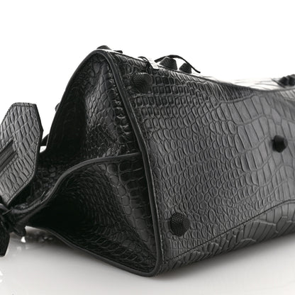 Balenciaga Semi Shiny Calfskin Crocodile Embossed Neo Cagole Black Hardware City Handbag Black 9 of 10