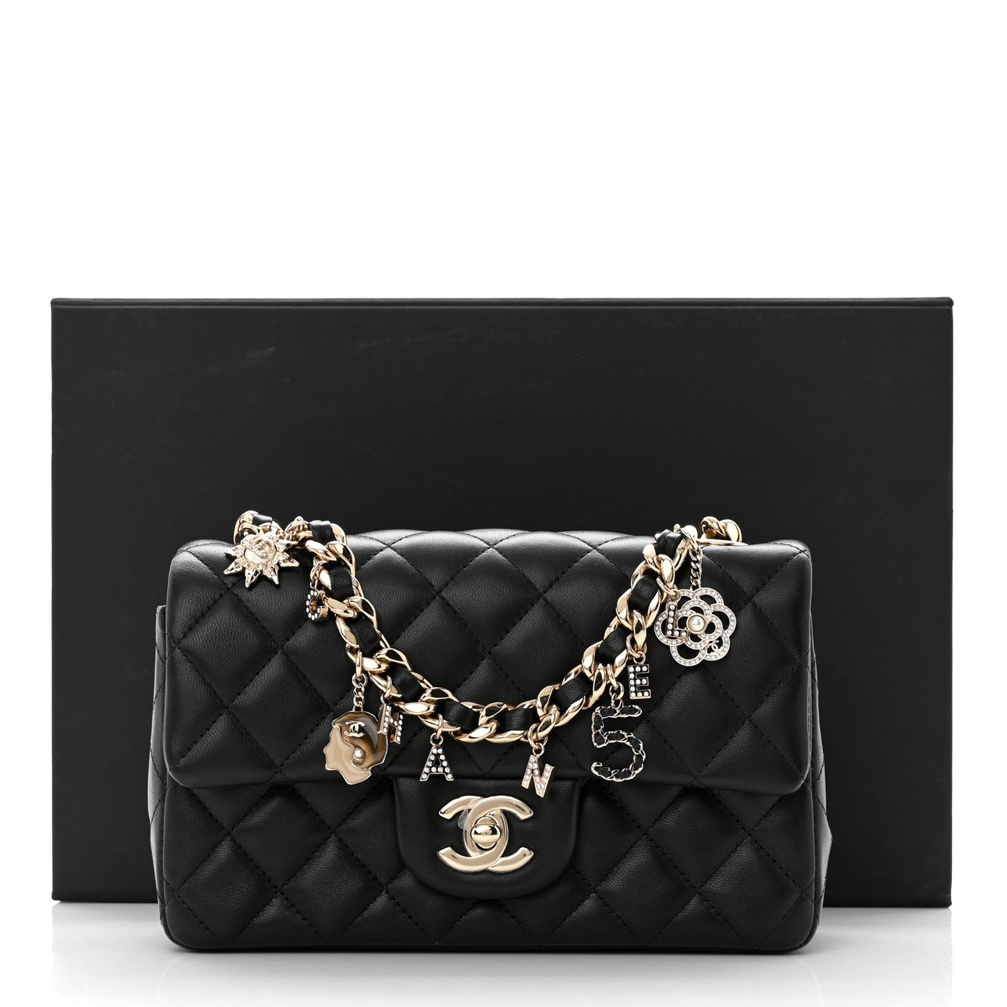 Lambskin Quilted Mini Coco Charms Rectangular Flap Black