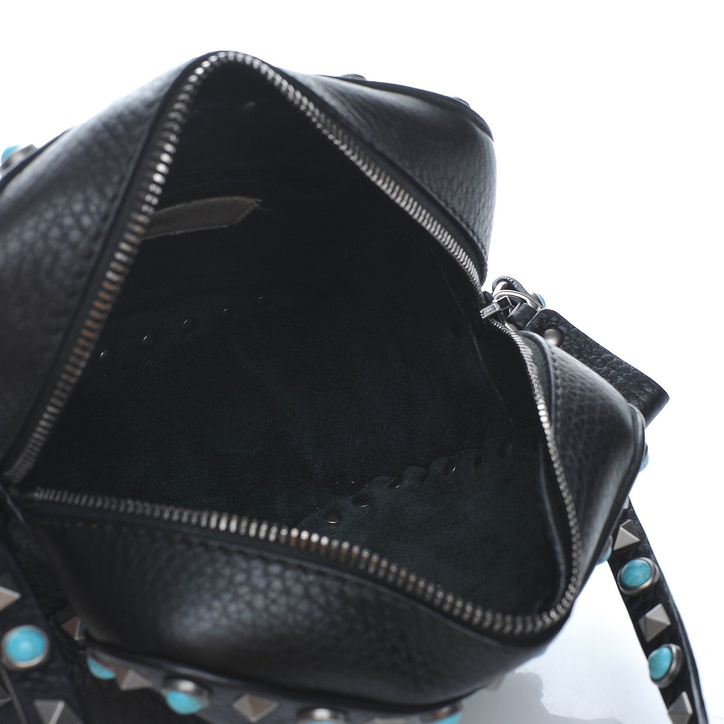 Grained Calfskin Turquoise Rockstud Rolling Camera Crossbody Bag Black