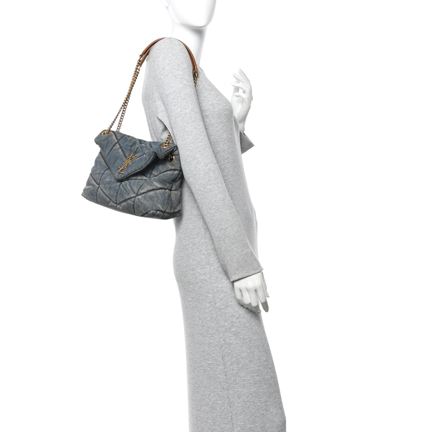 Saint Laurent Denim Quilted Small Loulou Puffer Monogram Chain Satchel Blue Cinnamon 2 of 12
