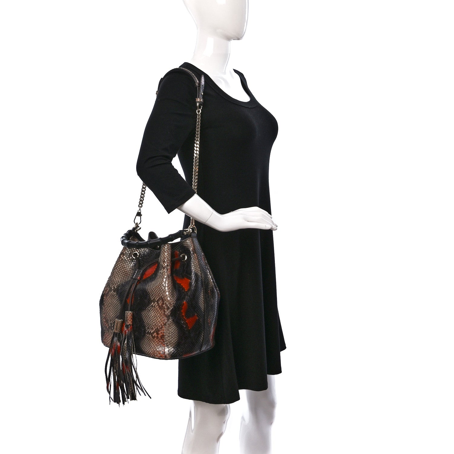 Gucci Snakeskin Miss Bamboo Medium Bucket Bag Black 2 of 9