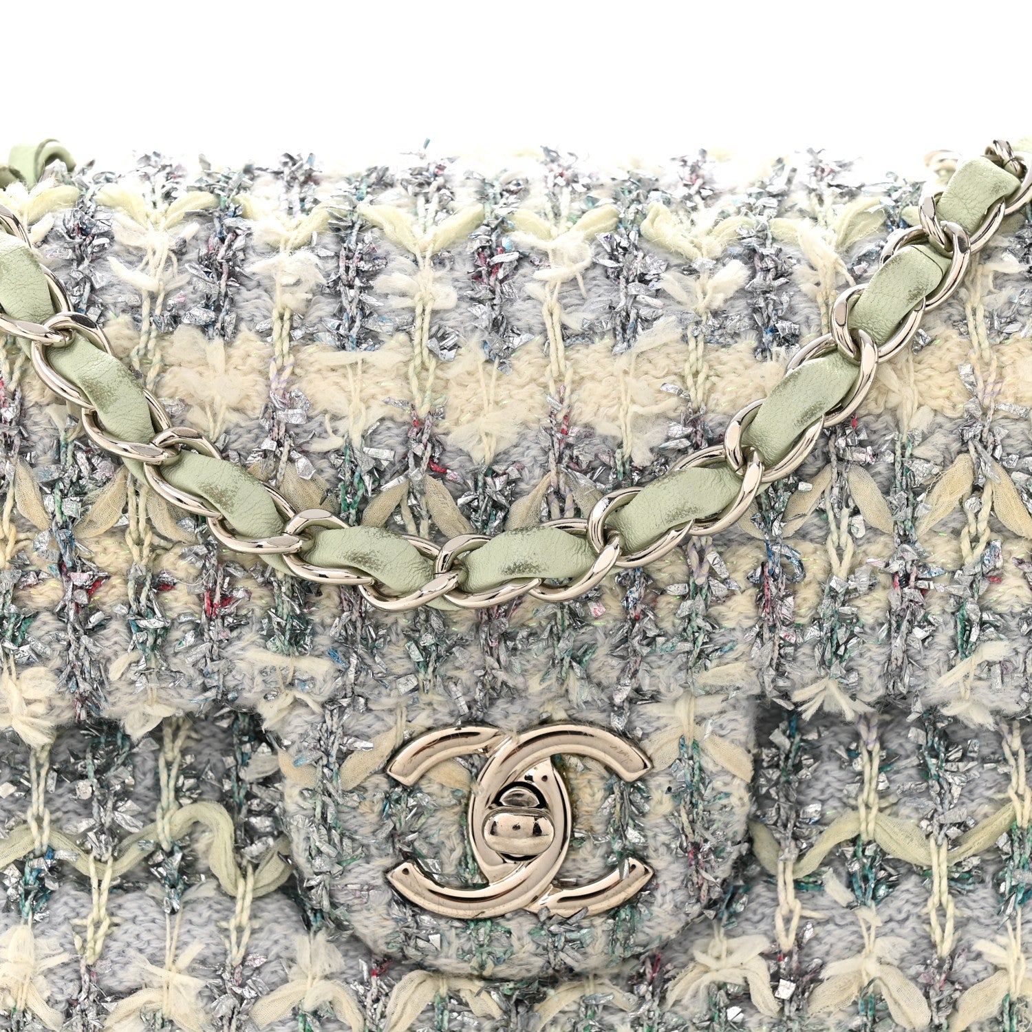 Chanel Tweed Quilted Mini Rectangular Flap Light Green Silver White 8 of 11