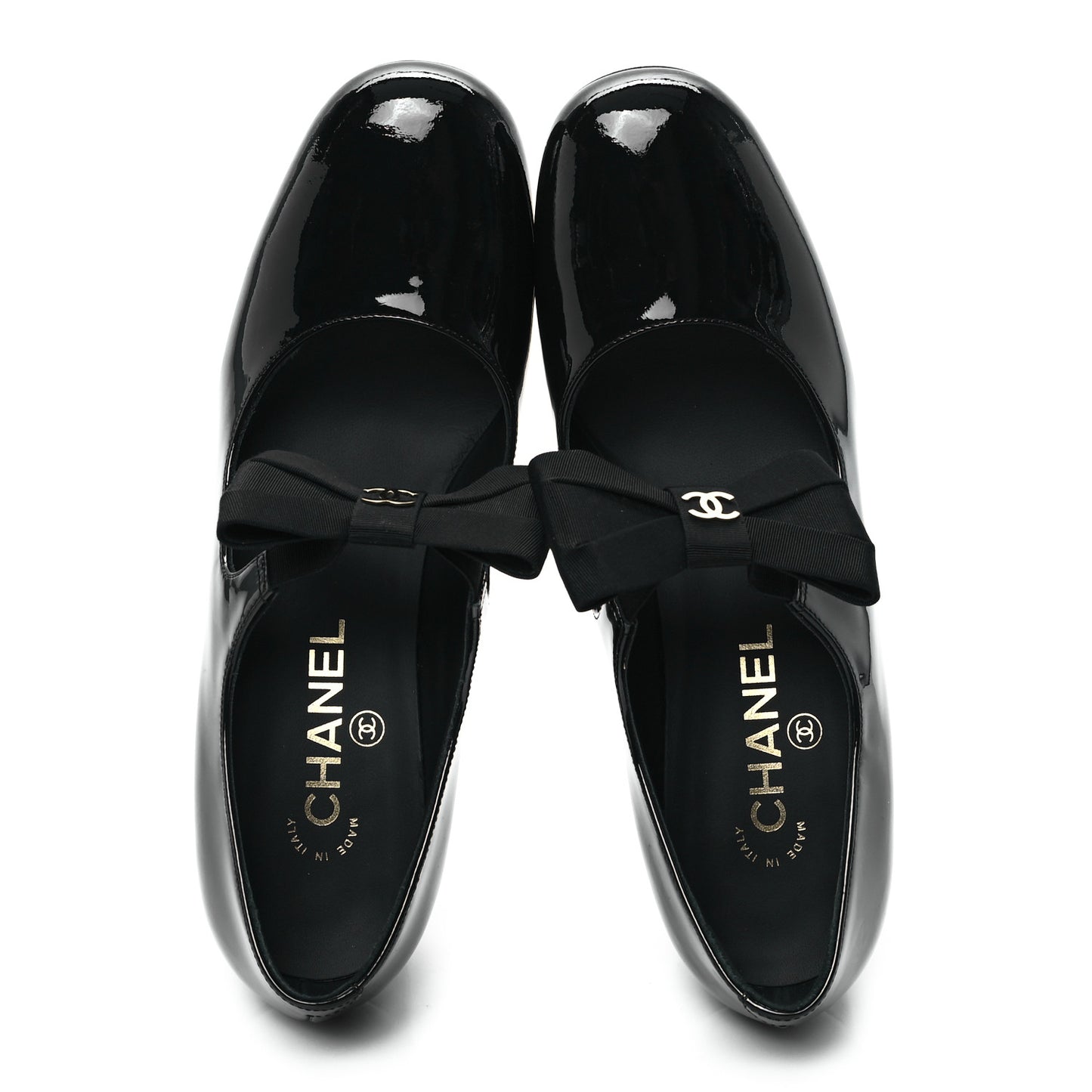 Patent Calfskin Grosgrain CC Mary Jane Pumps 38.5 Black