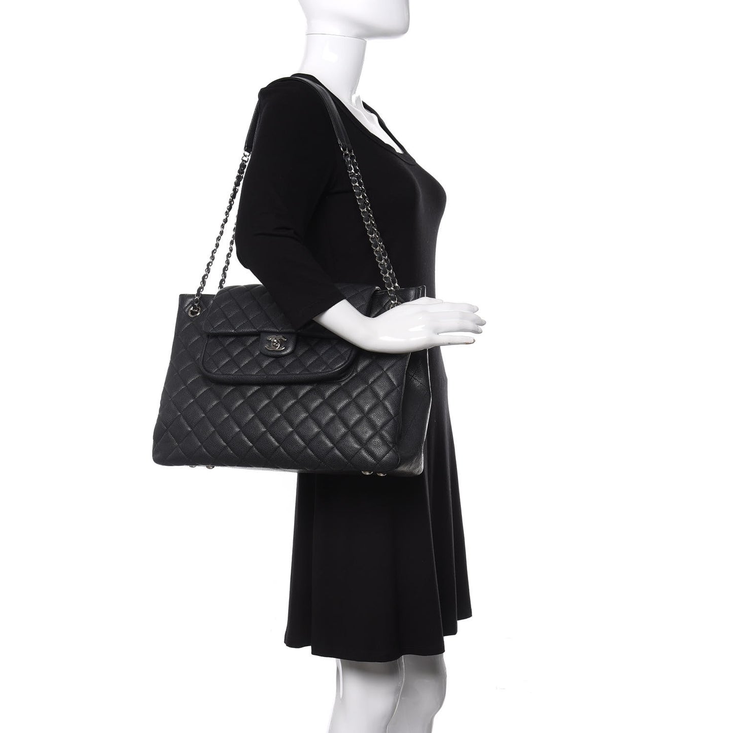 Caviar Quilted Flap Tote Dark Grey