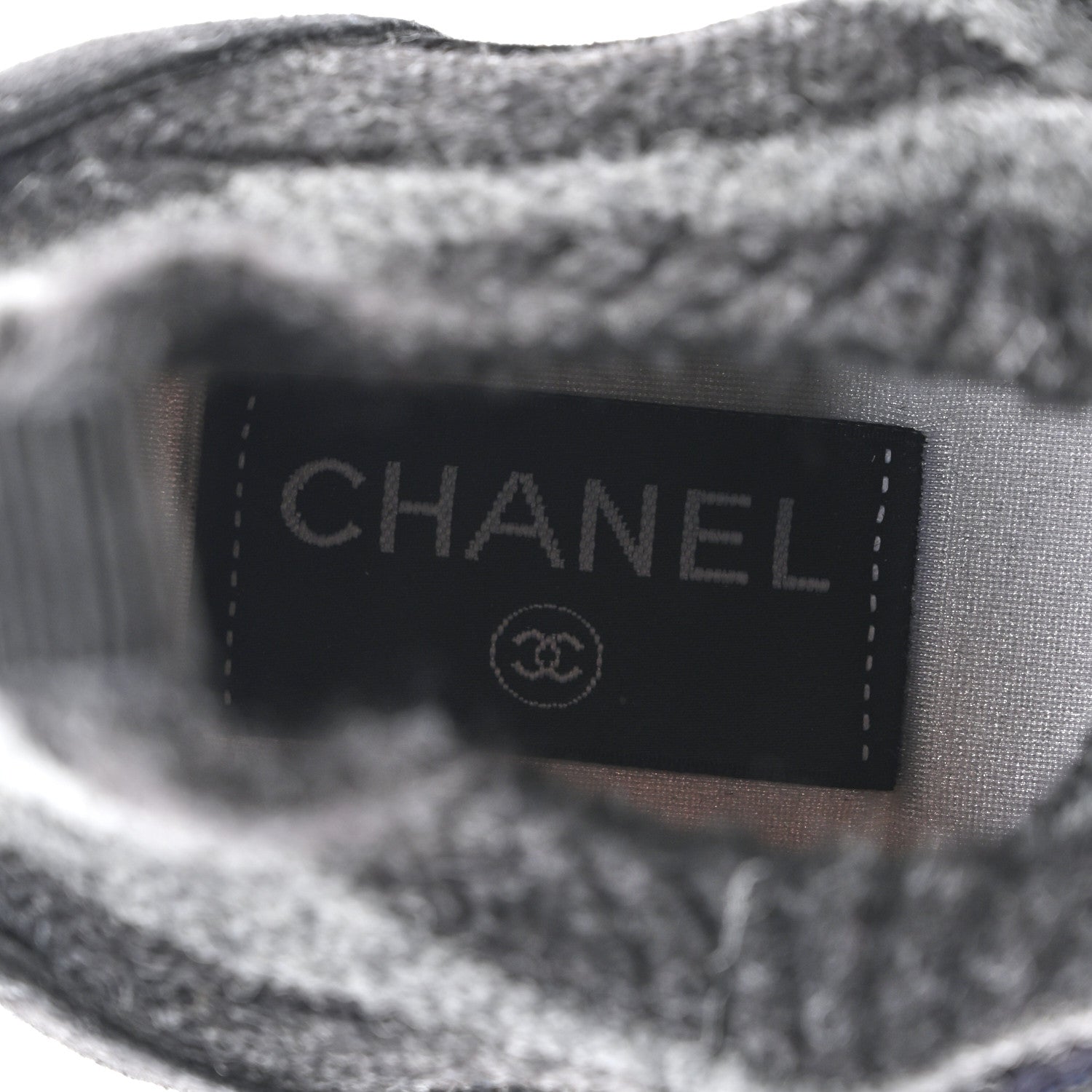 Chanel Knit Fabric Suede Calfskin Womens CC Sneakers 37 Grey Black 7 of 9