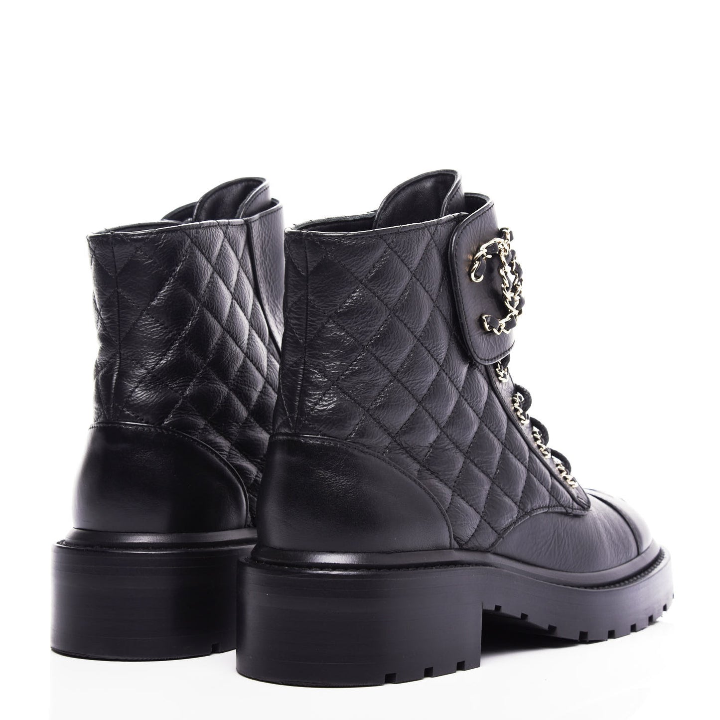 Shiny Goatskin Calfskin Quilted Lace Up Combat Boots 36.5 Black
